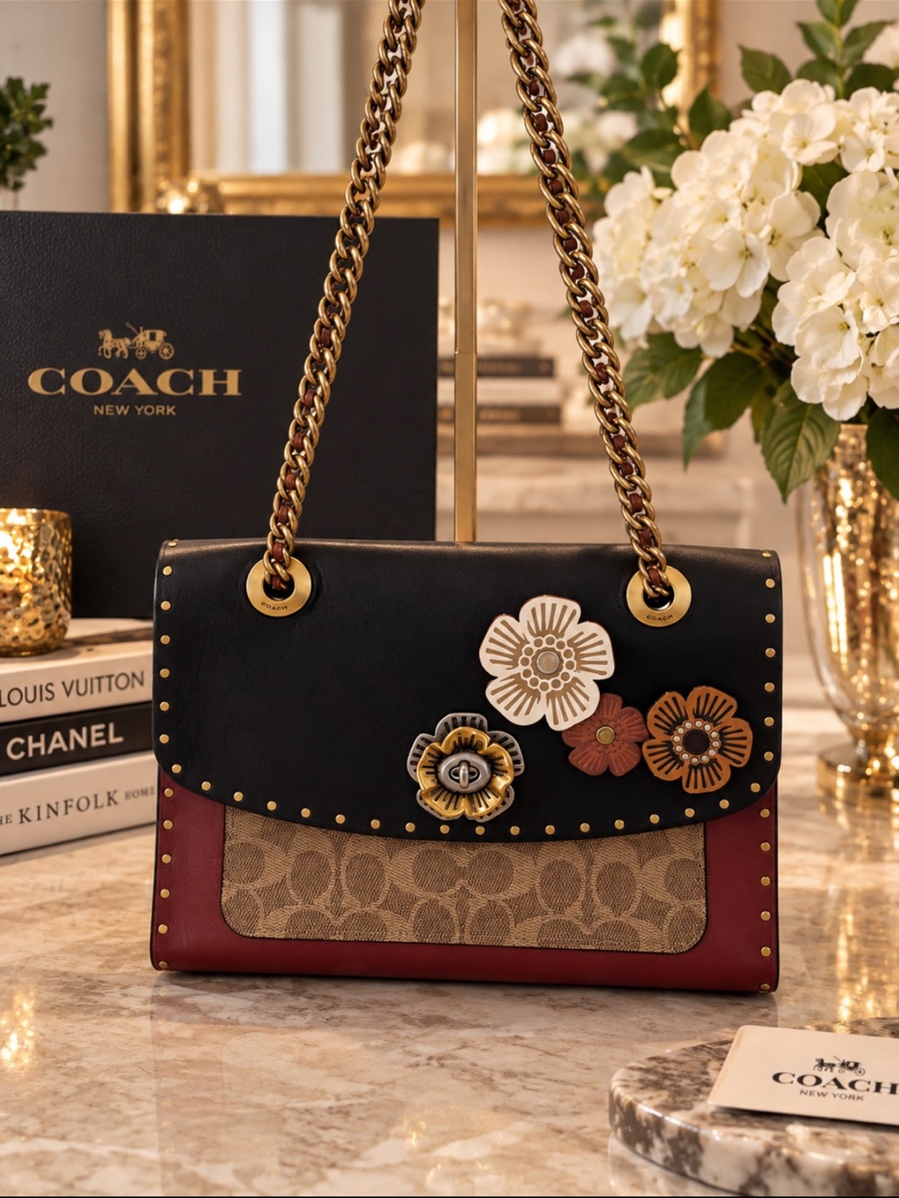 Coach Parker Floral Appliqué Shoulder Bag in Black, Burgundy and Tan